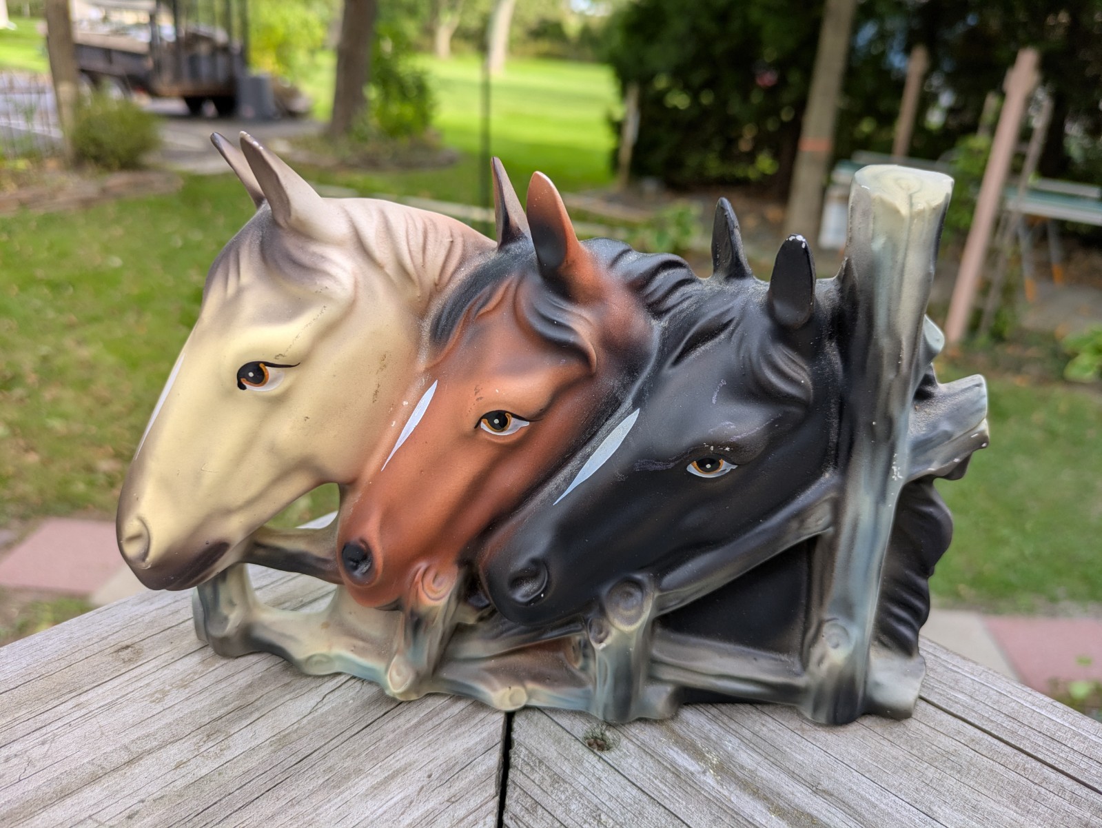 Vintage Ceramic Three Horses w/ Fence Wall Pocket Planter Horse Equestrian Decor
