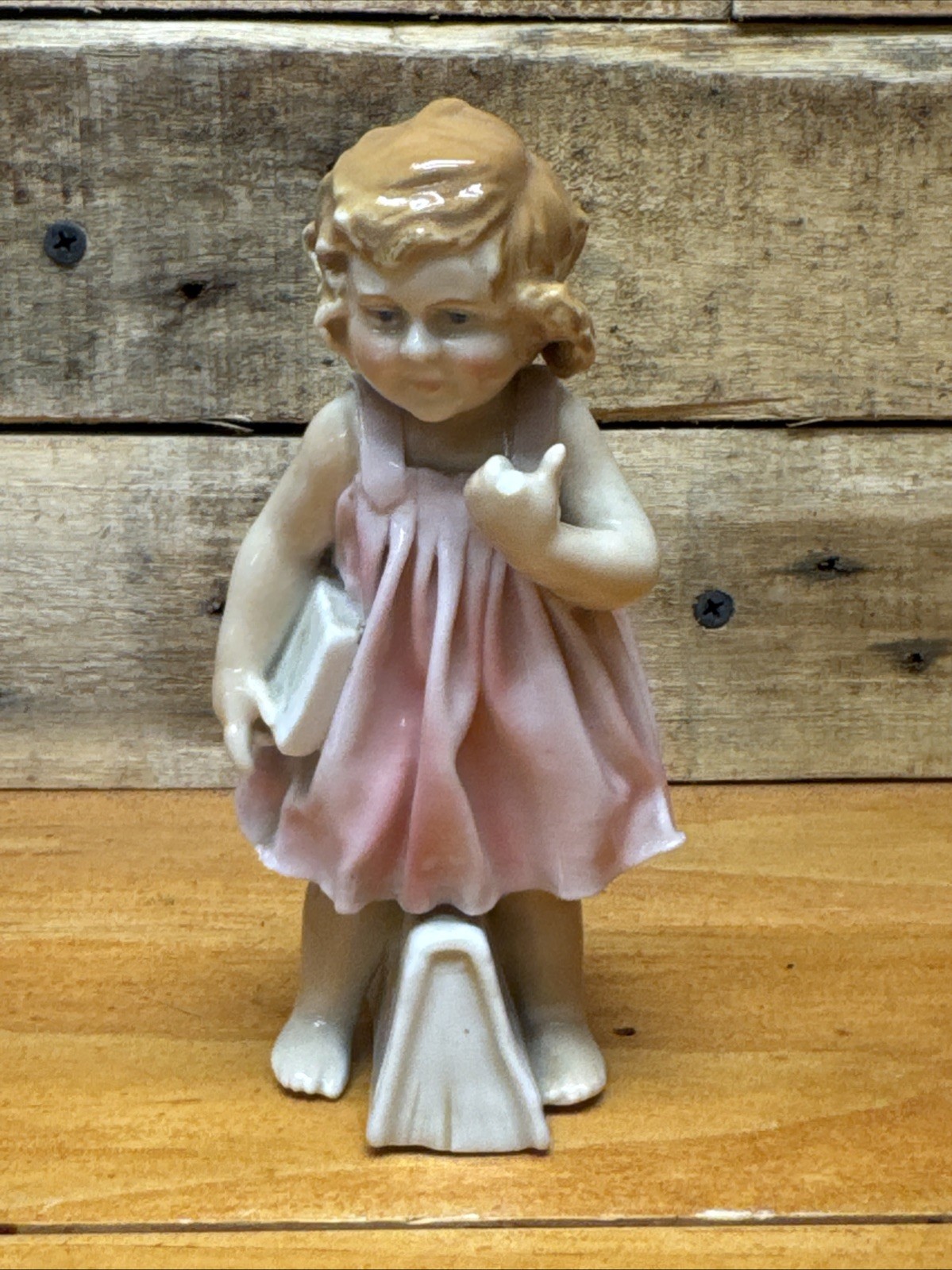 Rare Karl Ens Germany Porcelain Girl Figurine Pink Dress Book Vintage German