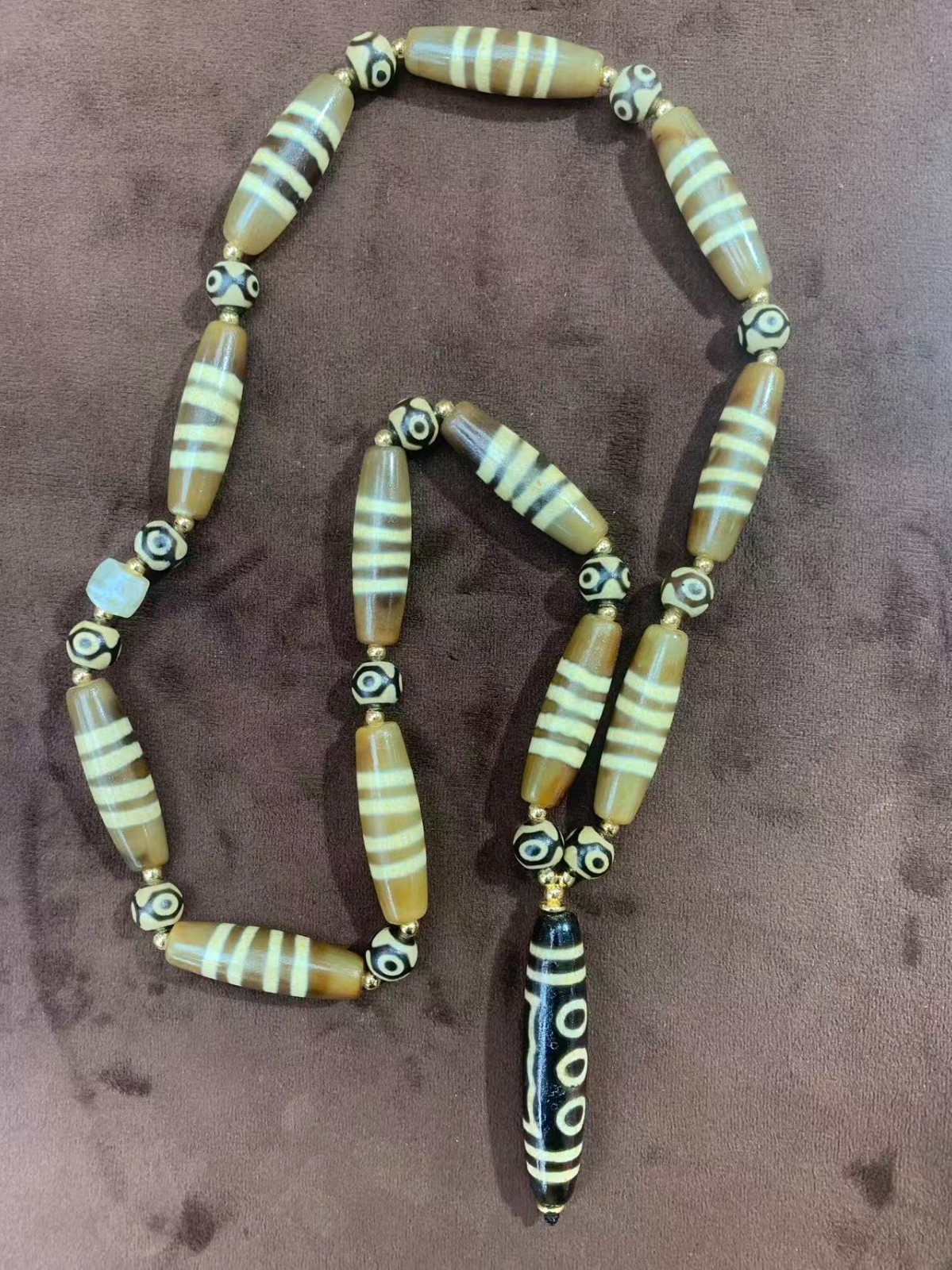 Tibetan Old Agate Dzi *4Stripes* Beads W/Agate Dzi *5Eyed* Bead Pendant Necklace