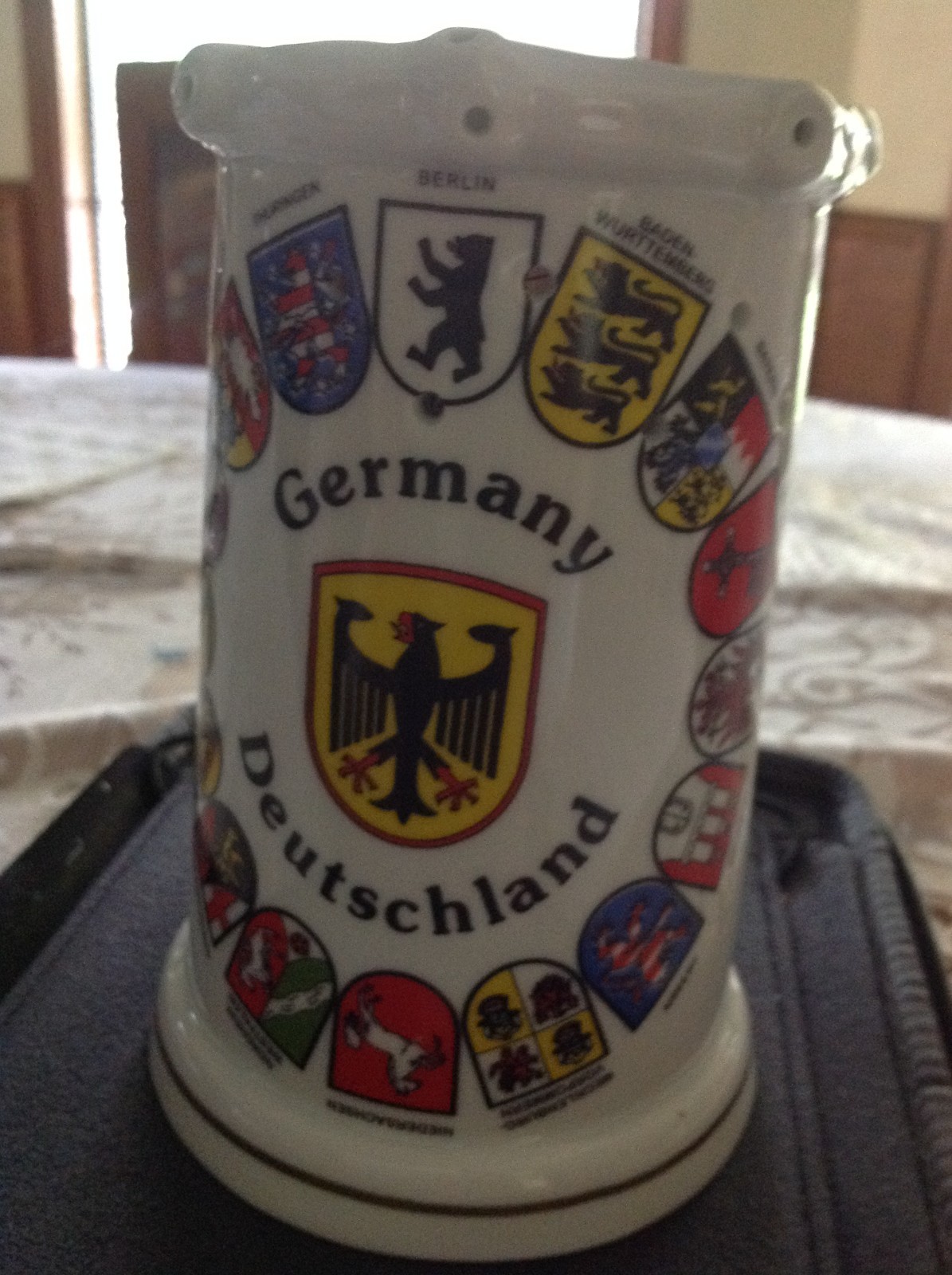 German Beer Stein (Trick Stein) w/German Eagle & Crests & Lithophane