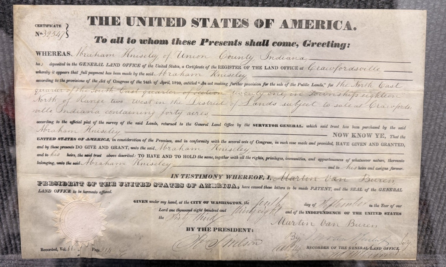 Martin Van Buren Secretarially Signed Land Grant Document Framed 1830s