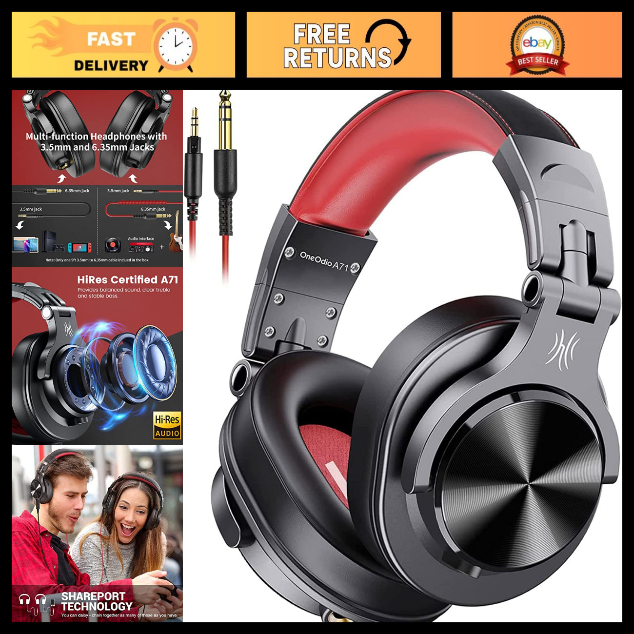 OneOdio A71 Hi-Res Wired Over-Ear Studio Headphones for DJ, Mixing - Red