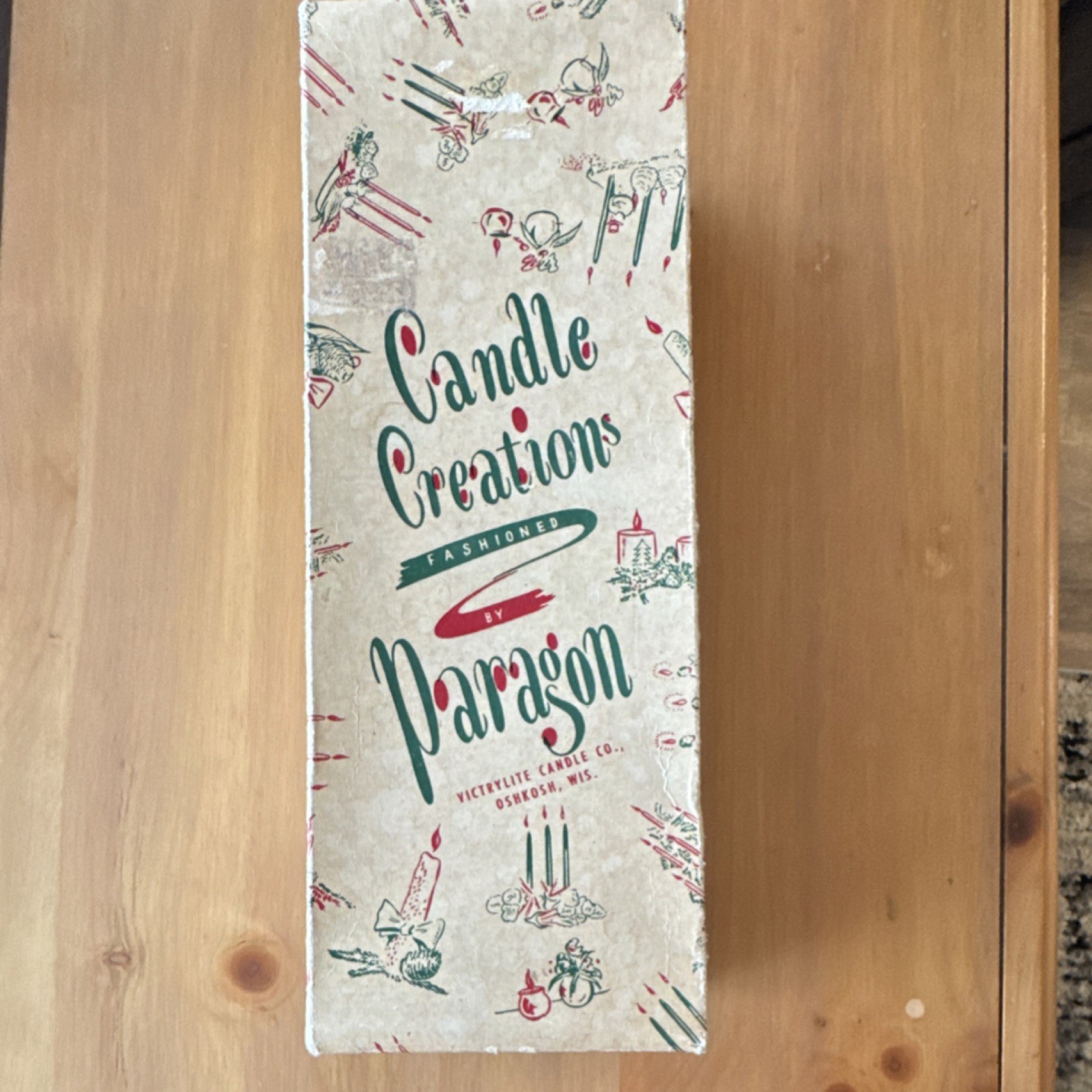 Paragon Vintage Green Pillar Candle Boxed 1950s Wax Cylinder Abstract Pattern