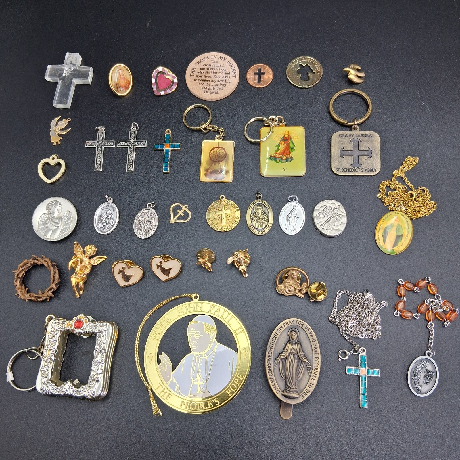 Vintage Catholic Religious Lot Medals Crosses Rosary Saints Pope John Paul II