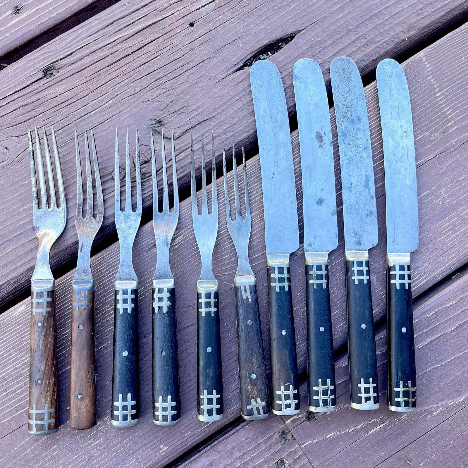 ANTIQUE SANSON CUTLERY CO WOOD HANDLE 1800s FLATWARE 6 MIXED FORKS AND 4 KNIVES