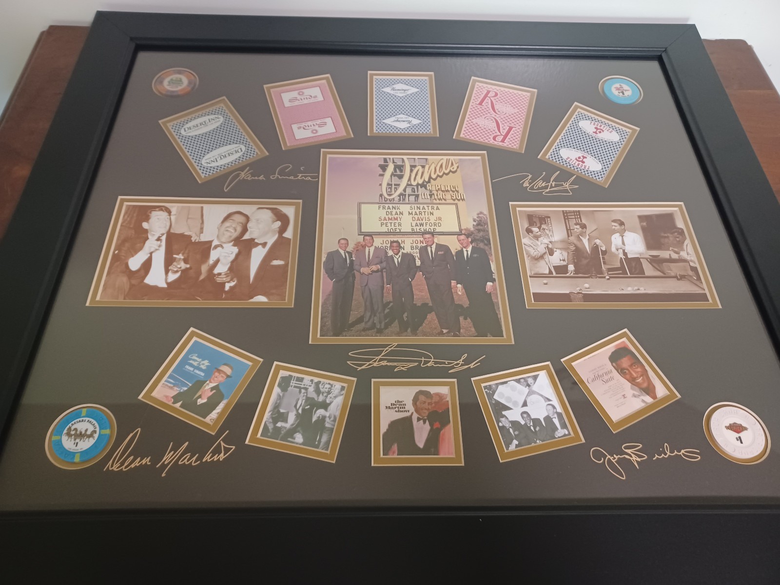 THE RAT PACK Framed Photo with Poker Chips, Playing Cards, and Autographs