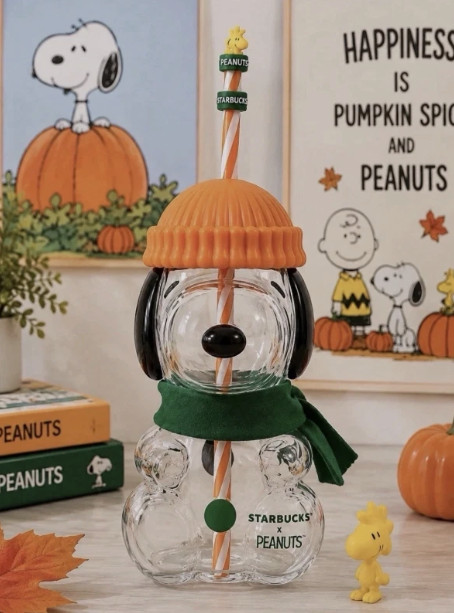 Starbucks Peanuts Snoopy Limited Edition 20oz Glass Coffee Cup Tumbler Fan Made