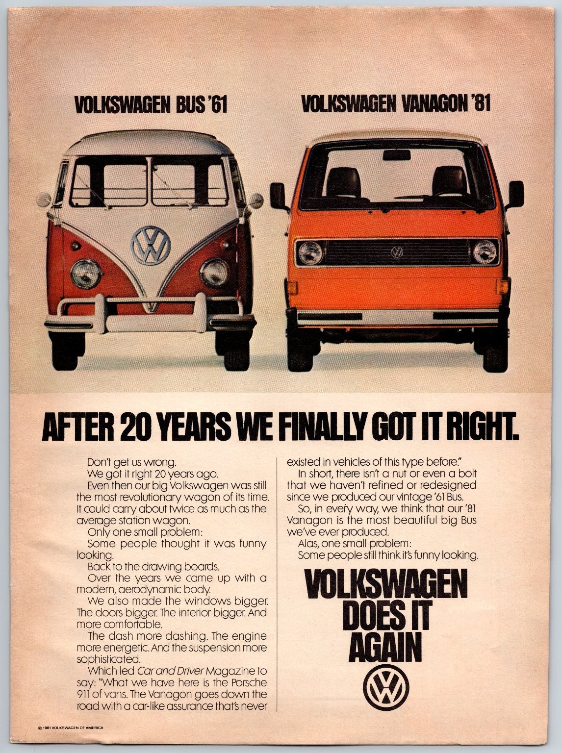 Volkswagen Vintage Magazine Ad Bus Vanagon Comparison 1981 Full Page VW T1 T3