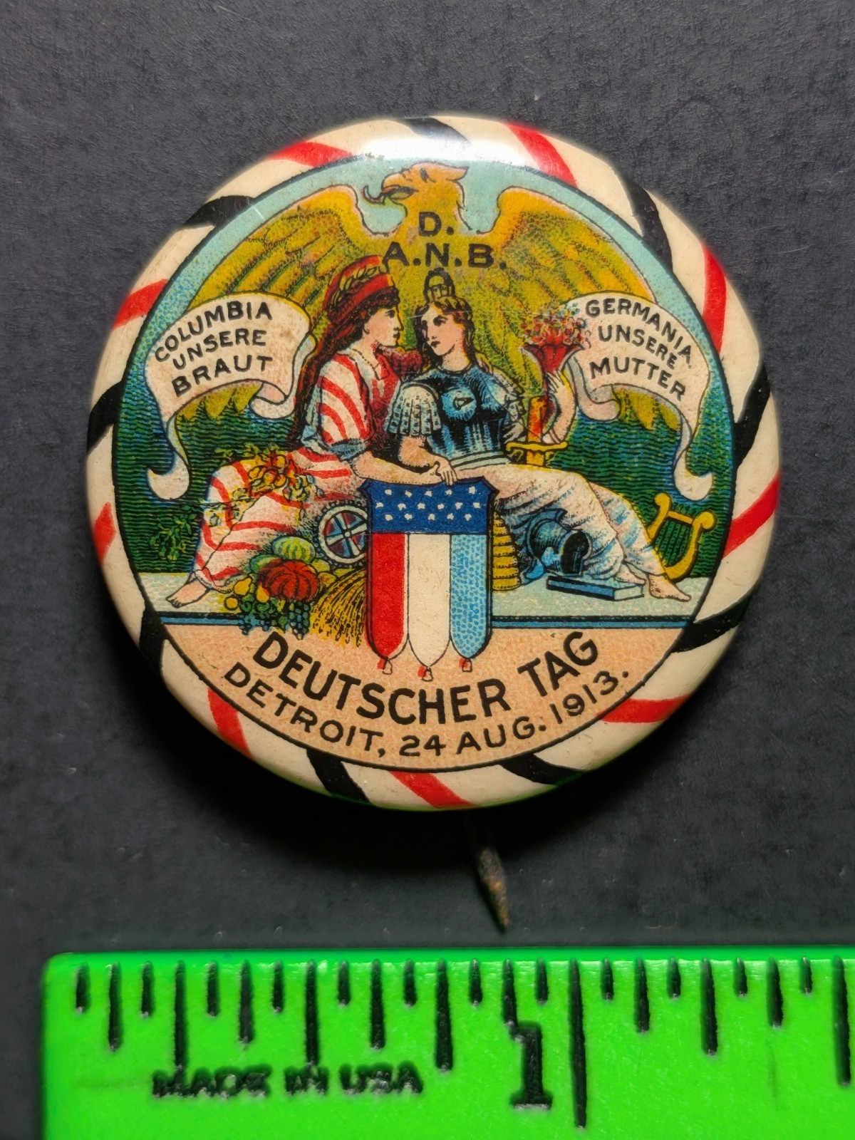 Vintage 1913 German Day Detroit Pinback Pin