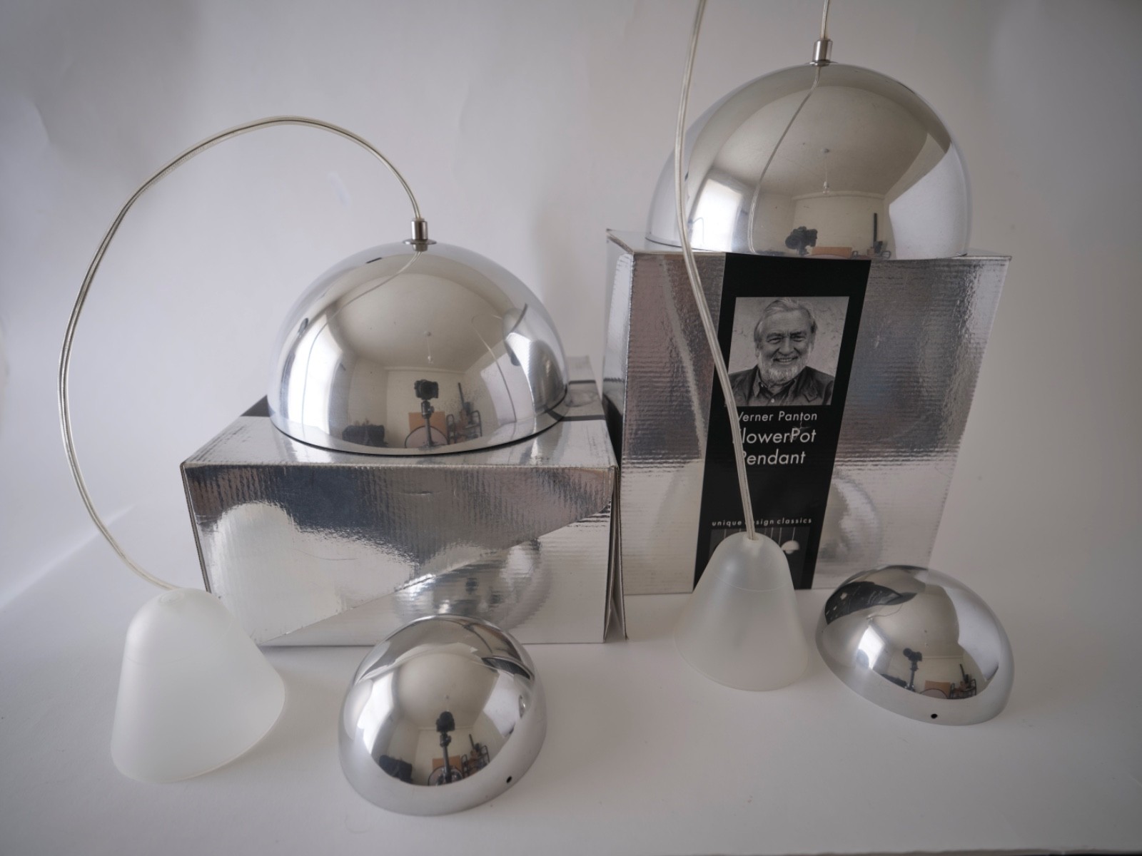 PAIR Vernon Panton-Flowerpot Pendant-23cm-Polished Aluminium by Unique Interieur