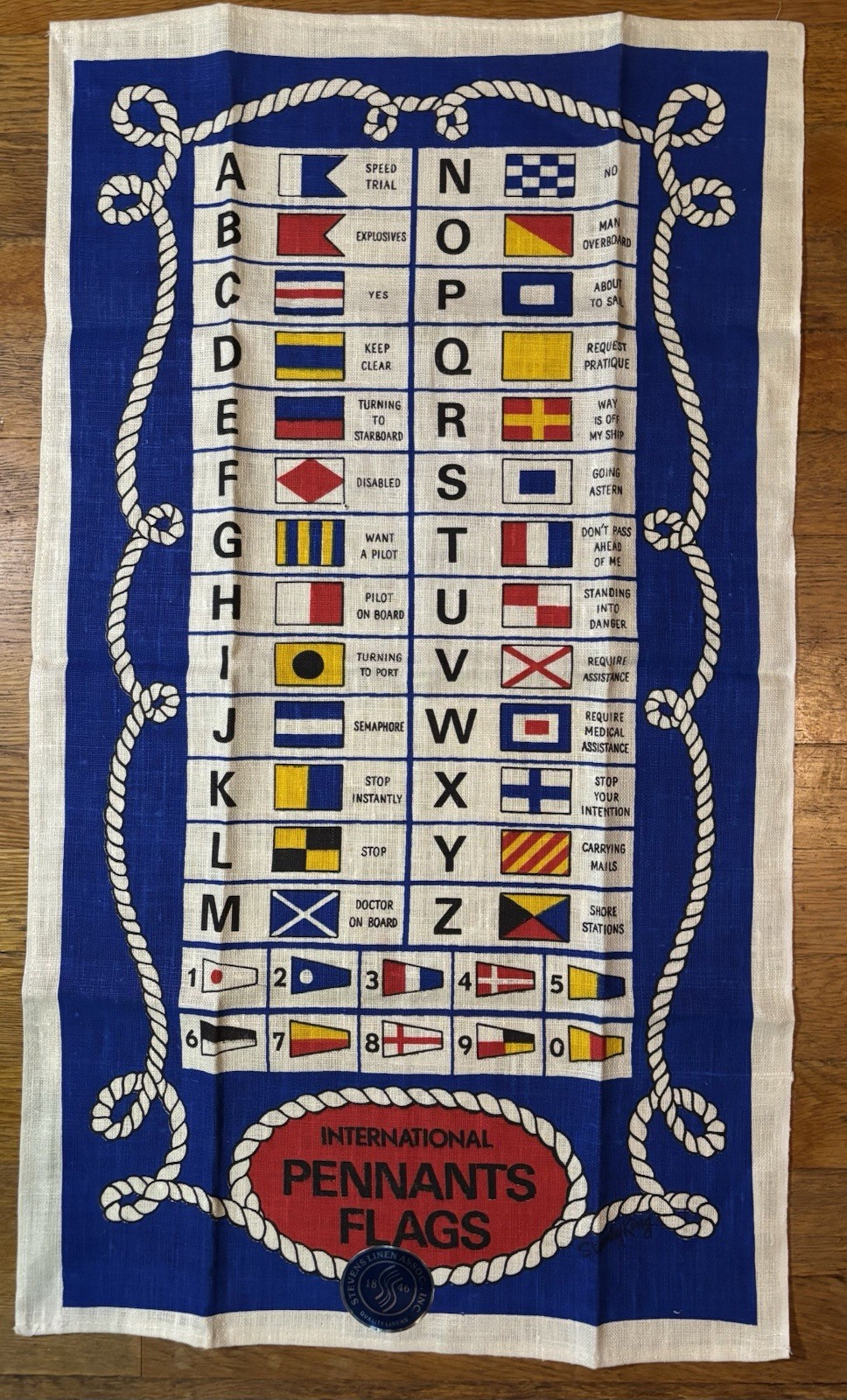 Vintage Stevens Linen Assoc International Pennants Flags 100% Linen Tea Towel