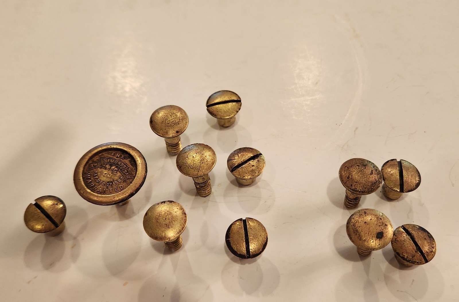 Antique The Simonds Saw Mfg Co Brass Medallion w/button screws - PLUS 2 extras