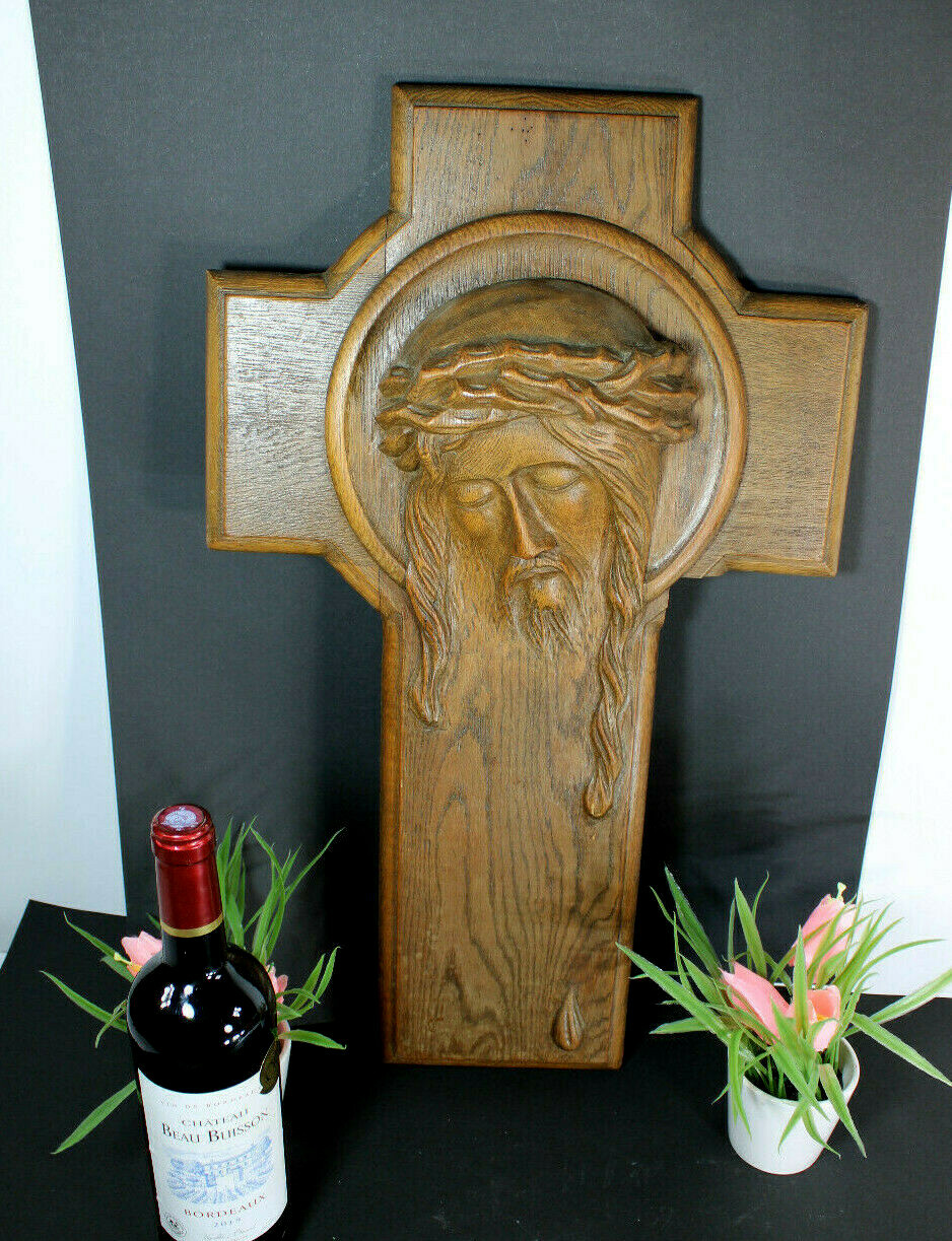 LARGE french wood carved wall plaque christ 1951 dated religious 
