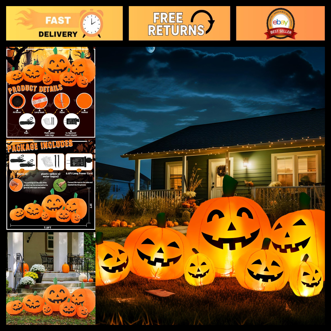 7.5FT Halloween Inflatable Pumpkin Decoration - Outdoor Yard Decor, Cold White L