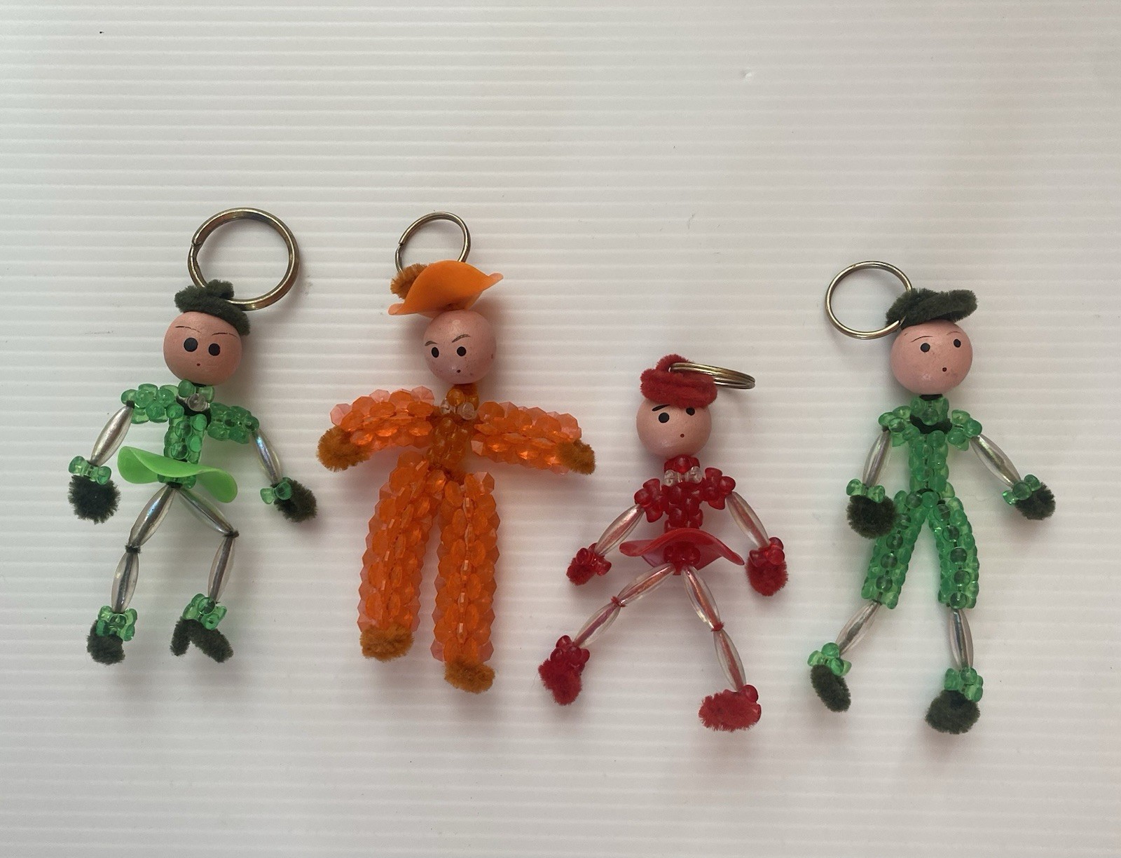 4 Vtg MCM Handmade Beaded Figures Pixies Bendy Poseable Keychain Bead Ornaments