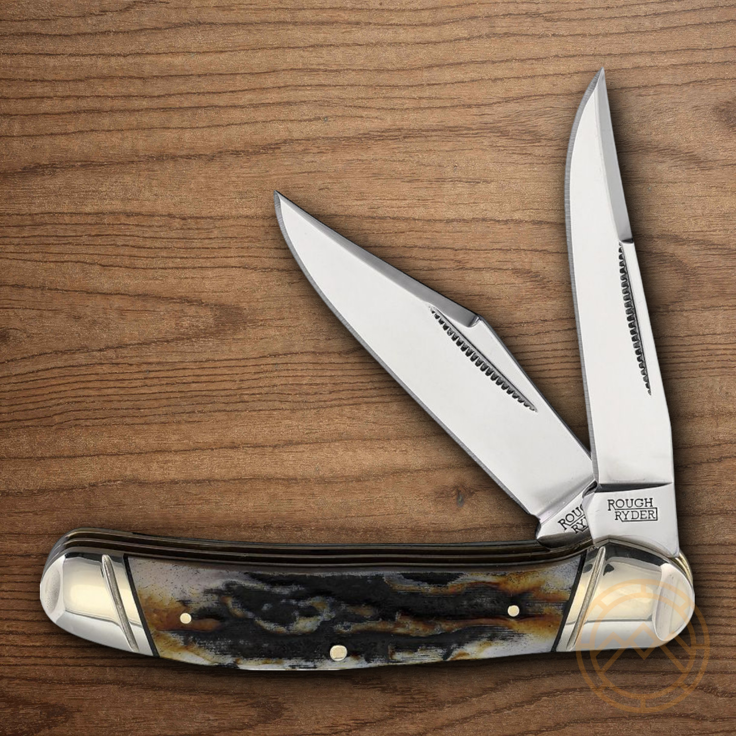 Rough Ryder Copperhead Pocket Knife Mirror Carbon Steel Blades Stag Bone Handle