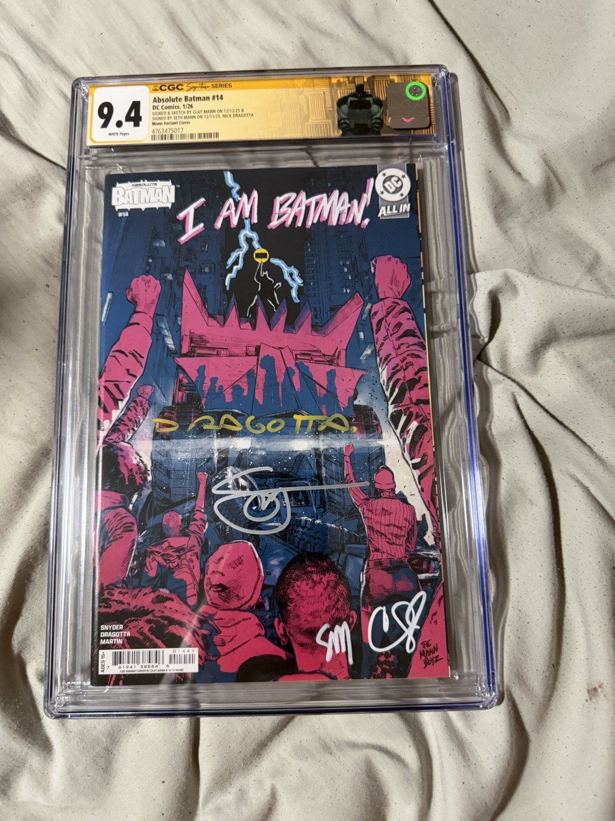 1 OF 1 ABSOLUTE BATMAN #14 1:25 CGC SS SKETCH 4X SETH CLAY MANN SNYDER DRAGOTTA