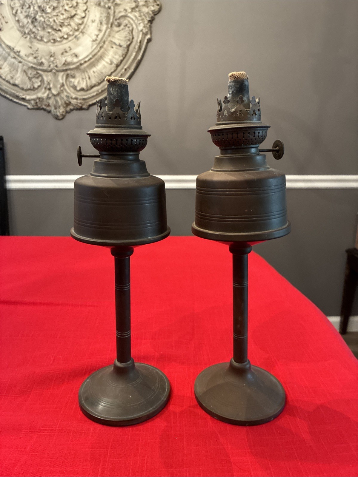 Pair Of Antique KOSMOS BRENNER Petroleum LAMPS Brass Base Oil Tank Europe RARE