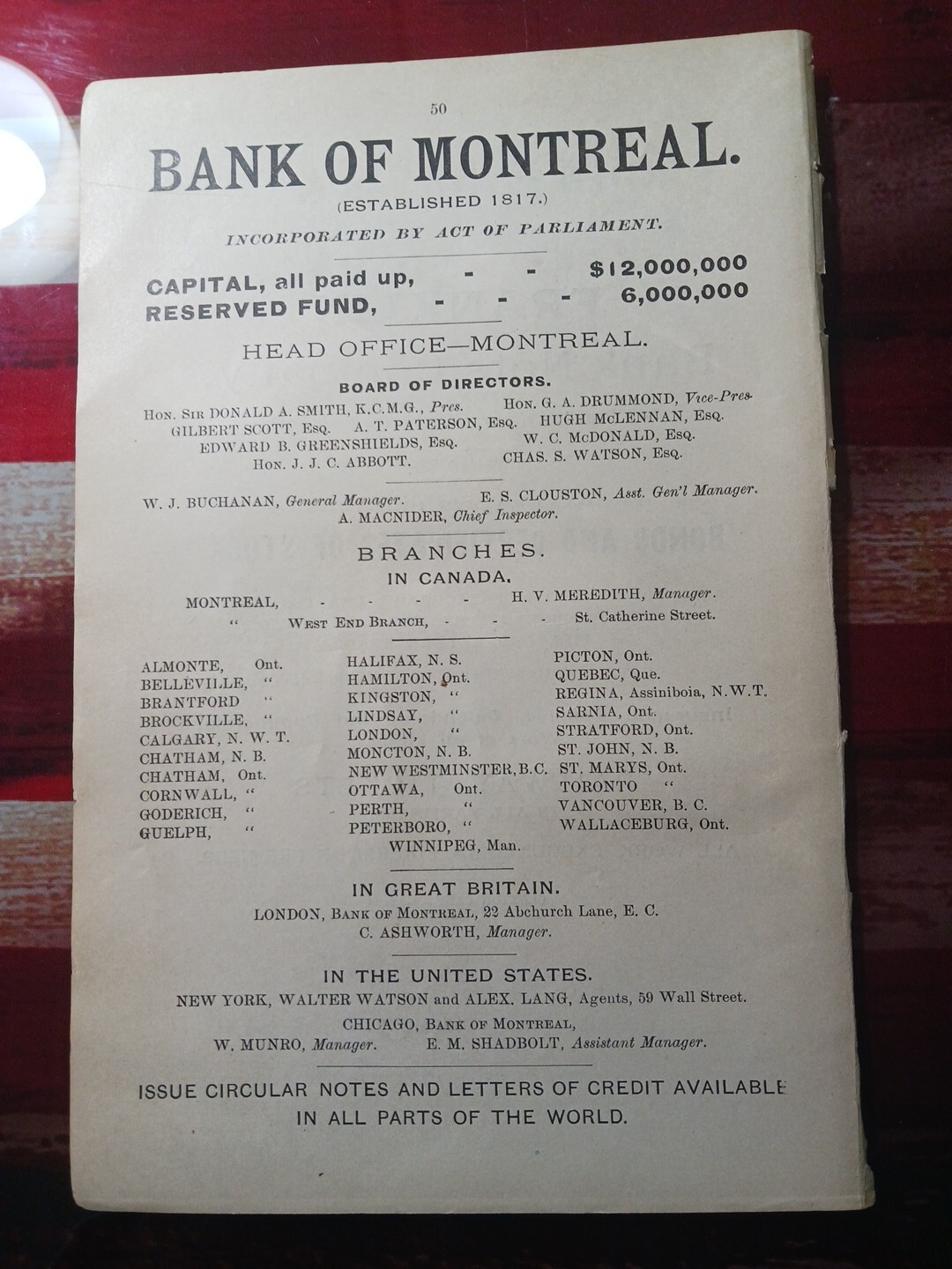 1890 Print Advertising BANK OF MONTREAL Sir Donald Smith President ~ Branch List
