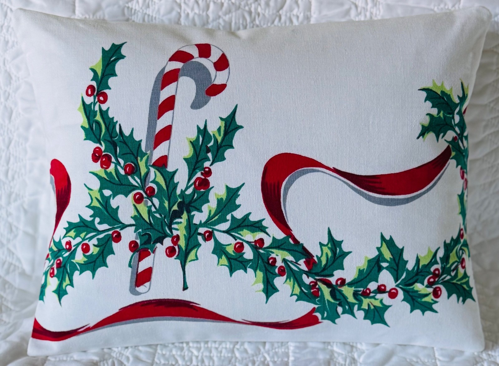 Vintage Simtex Christmas Tablecloth Pillow Cover - Candy Cane & Holly