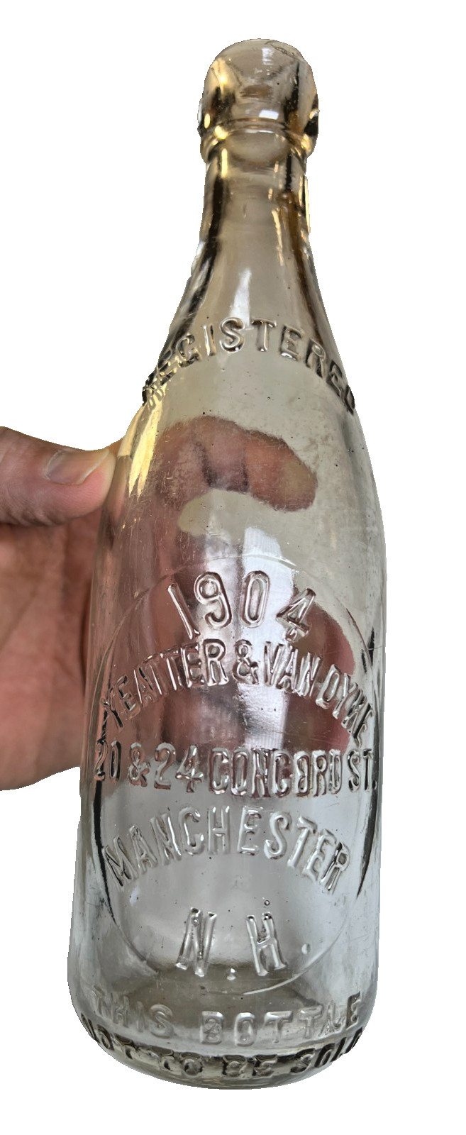 Antique 1904 Yeatter & Van Dyke Manchester New Hampshire Blobtop Blop Top Bottle