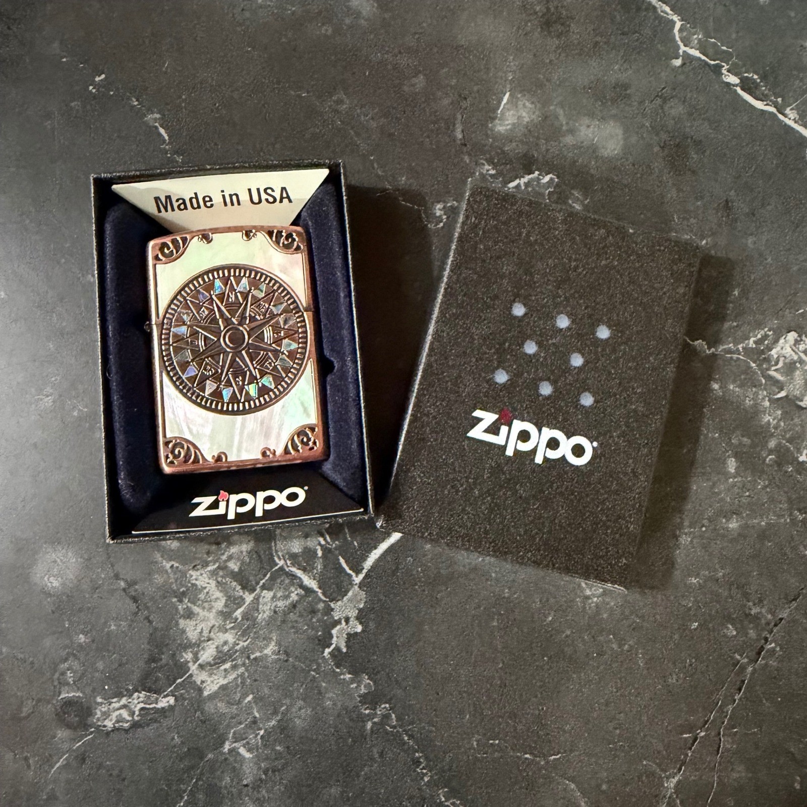 Zippo Lighter White Inlay Compass Mother of Pearl Nautical New In Box