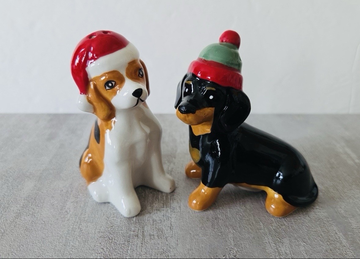 ❤️💚NWT Ceramic Christmas Dog Themed Salt & Pepper Shaker Set