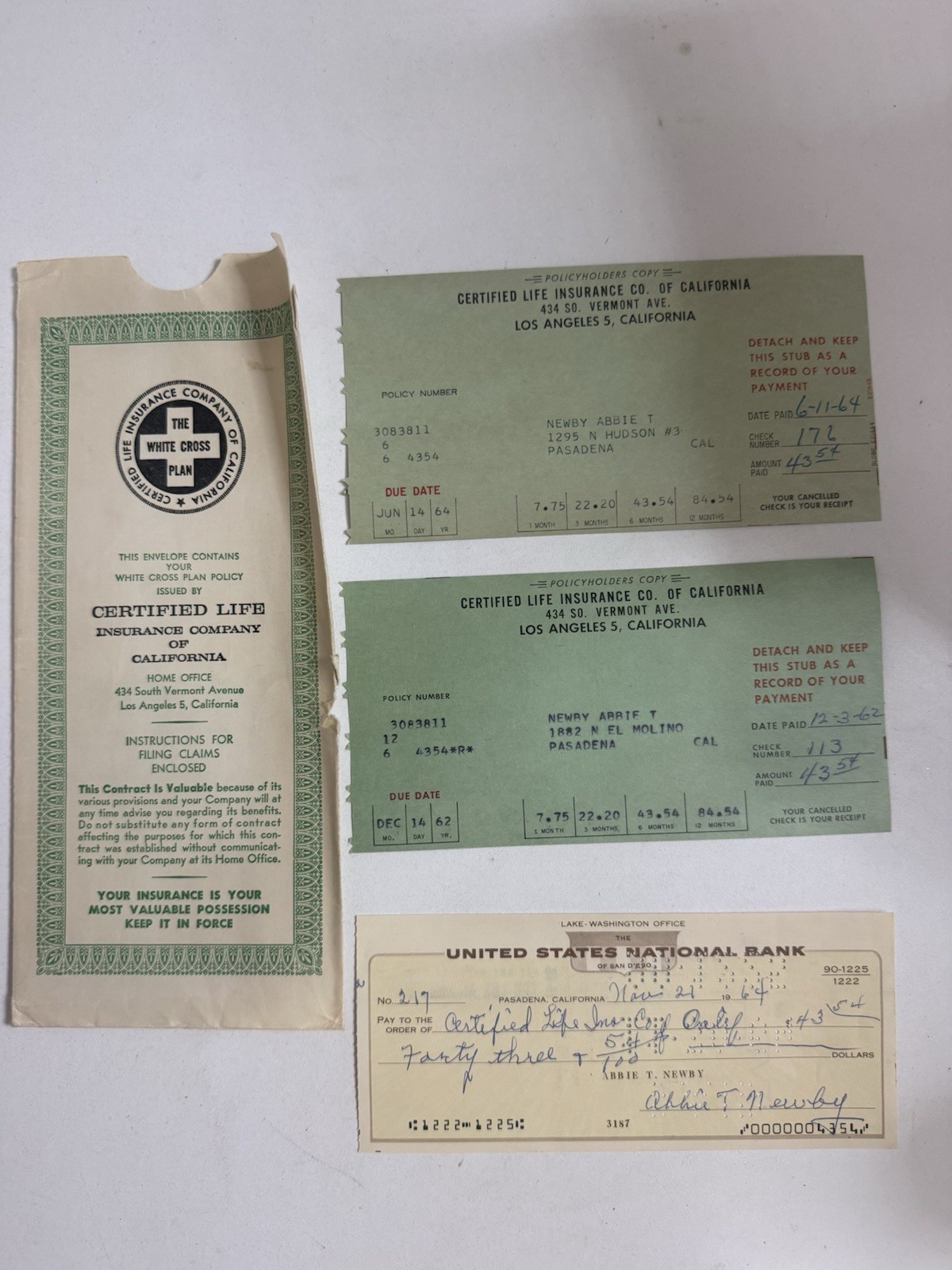 1960s California Life Insurance Ephemera Lot 1964 Cancelled Bank Check Policy