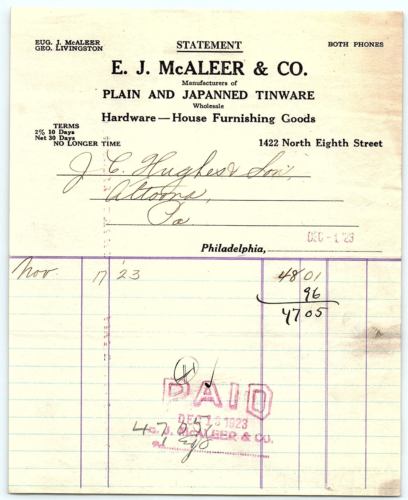 1923 E.J. McAleer & Co. Philadelphia Paid Statement
