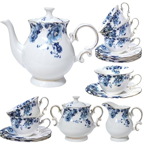 21-Piece Bone China Tea Set for Adults, Blue and White Porcelain Tea Set for 6,