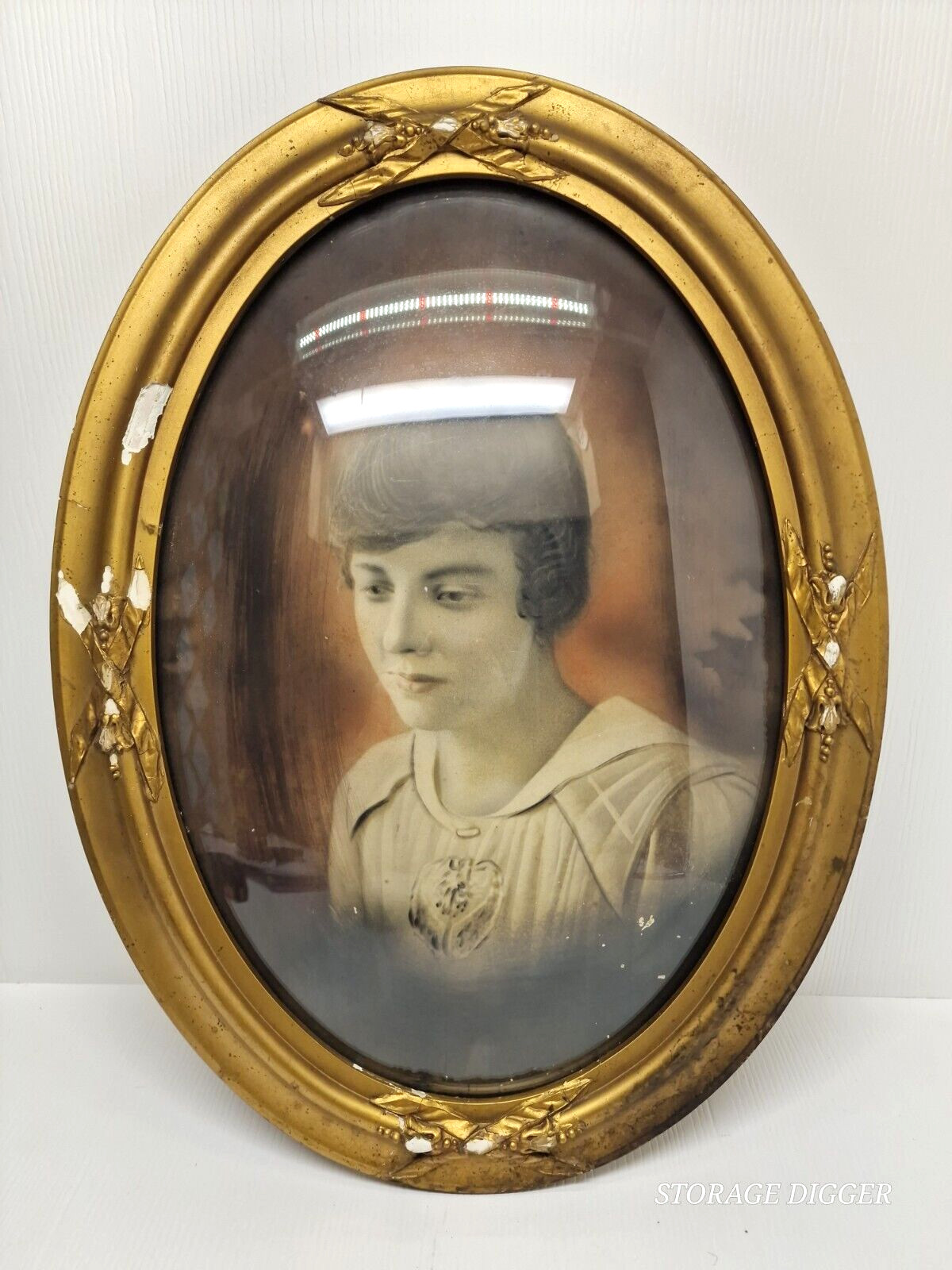 Vintage Oval Ornate Framed Picture Under Bubbled Glass, Wood and Chalk, AS IS