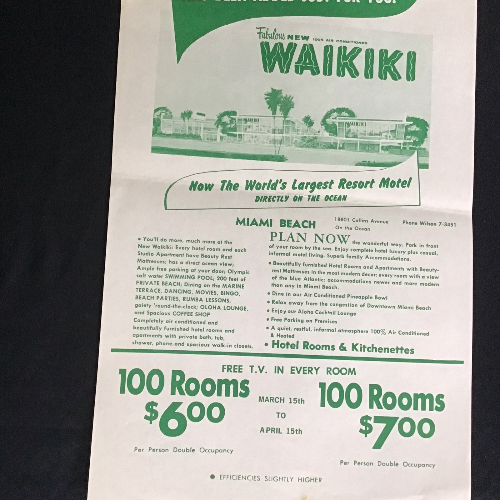 The Waikiki Resort Motel 188st Collin’s Miami Beach Florida Ad Flyer 1950s FLA.