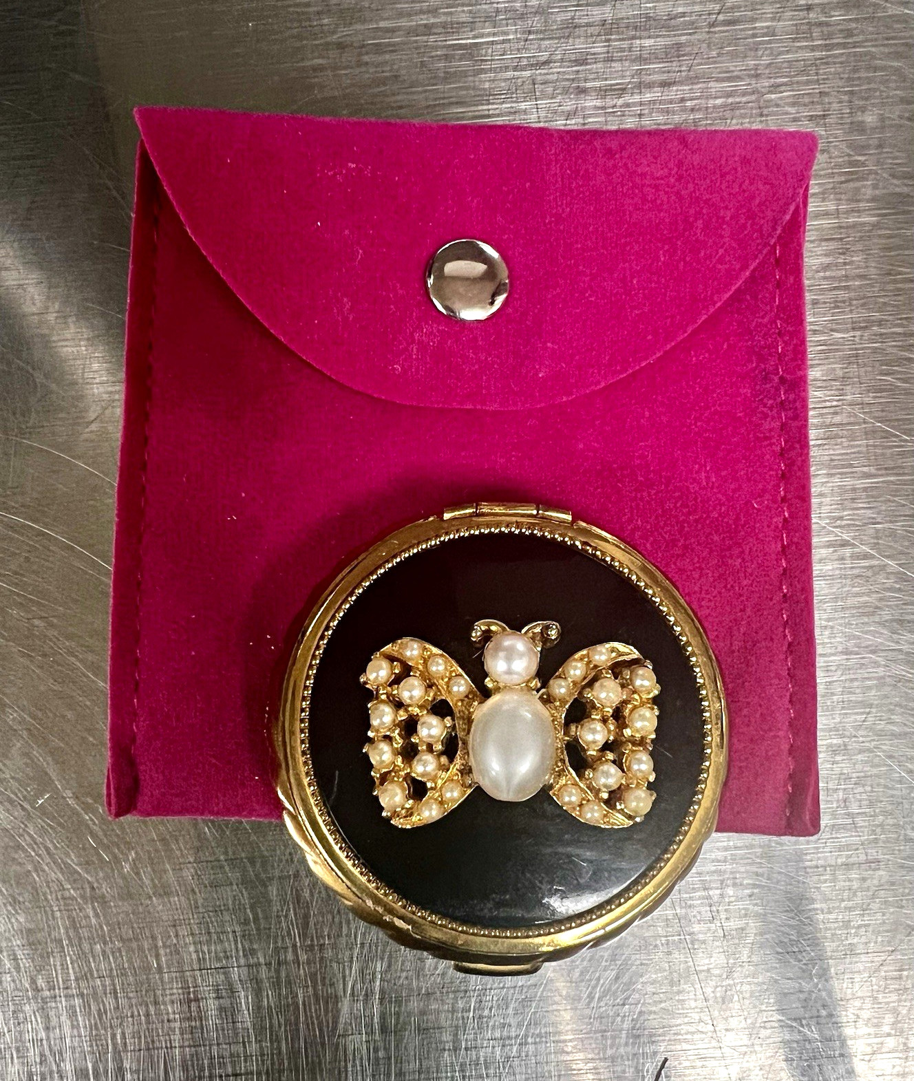 Vintage Gold Evan’s Compact Mirror Black Enamel Bee Faux Pearl Original Pouch