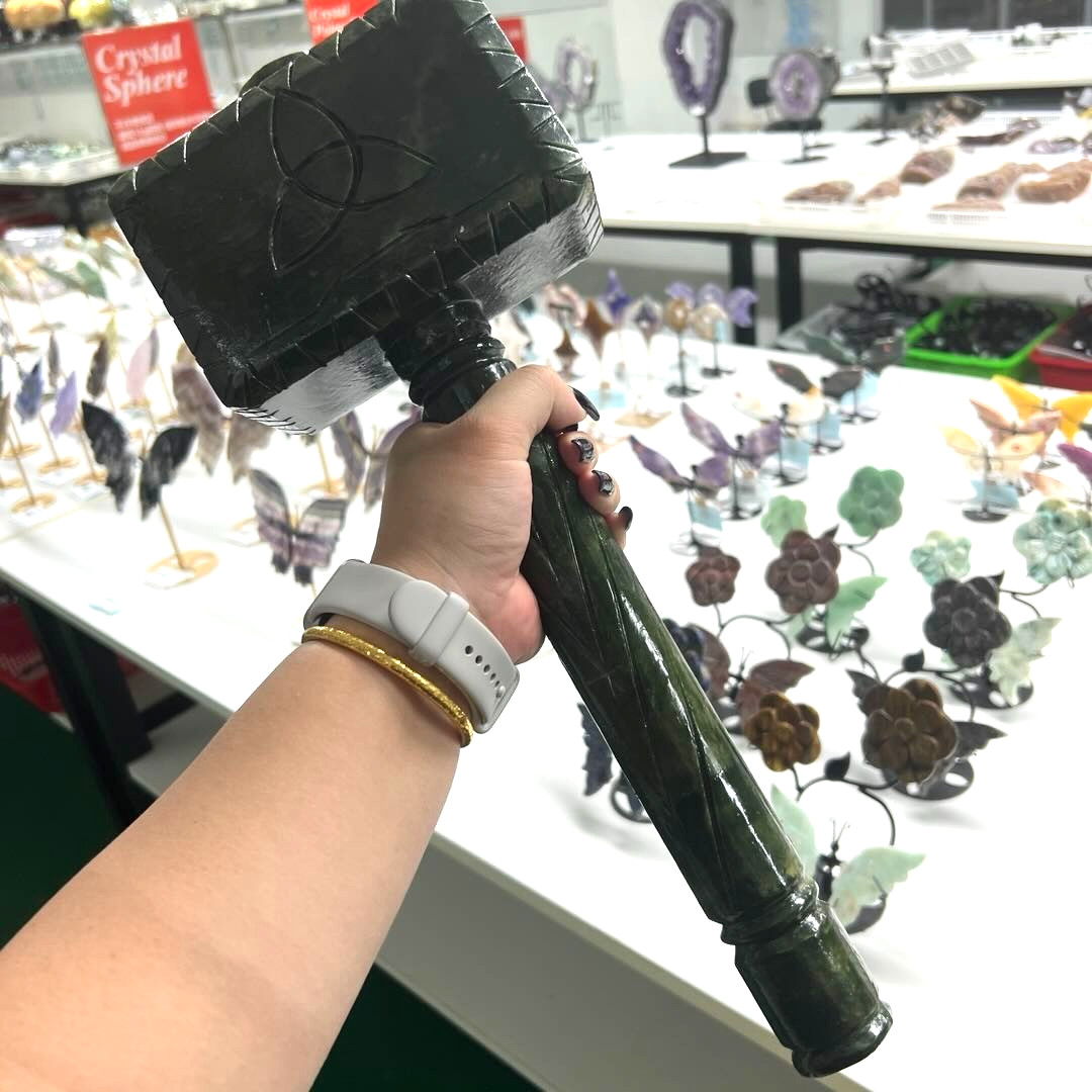 Huge Xiuyan Jade Mjolnir Thor Hammer Hand Carved Crystal Sculpture Healing Gift