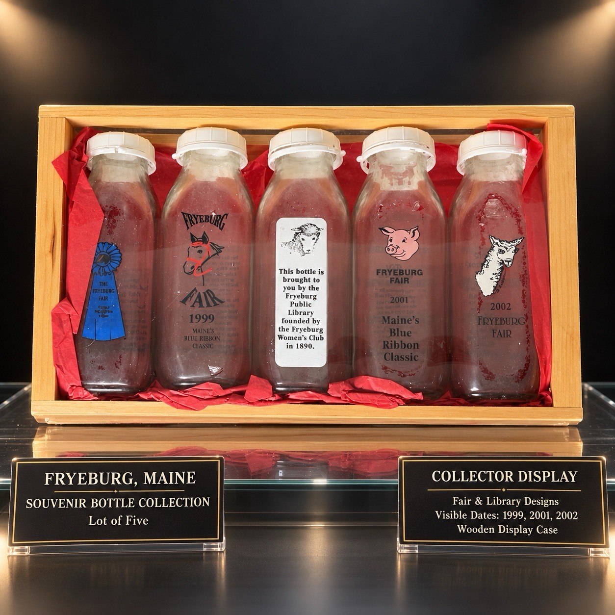 Vintage Fryeburg Fair Maine Milk Bottles Lot 5 Glass Souvenirs Wood Display Case