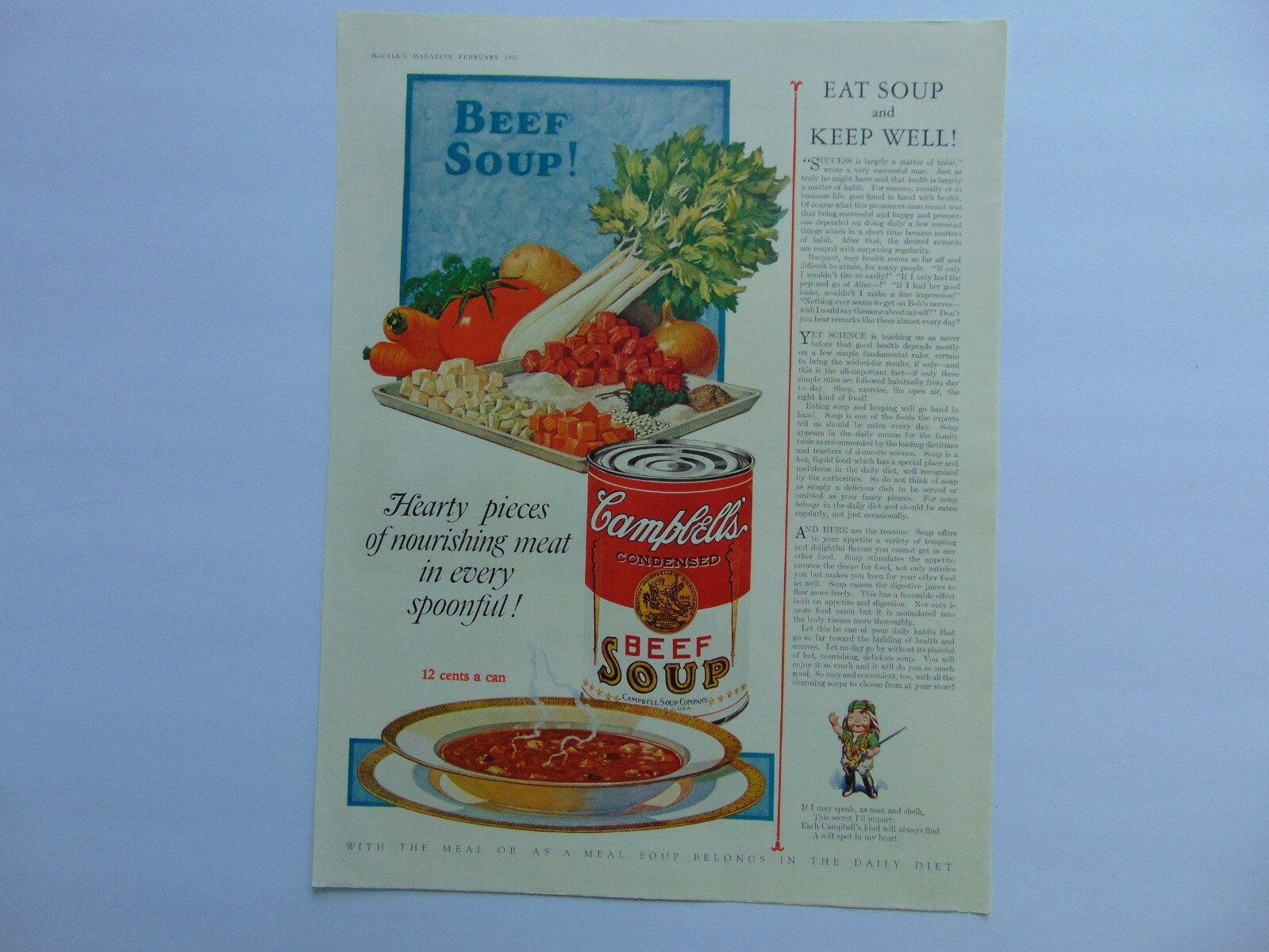 1927 CAMPBELL\'S BEEF SOUP Eat Soup and Keep Well vintage art print ad