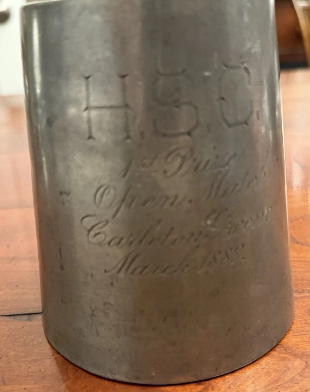 Antique 1889 Victorian Pewter Prize Mug H.S.C. Carleton Green Open Match Trophy