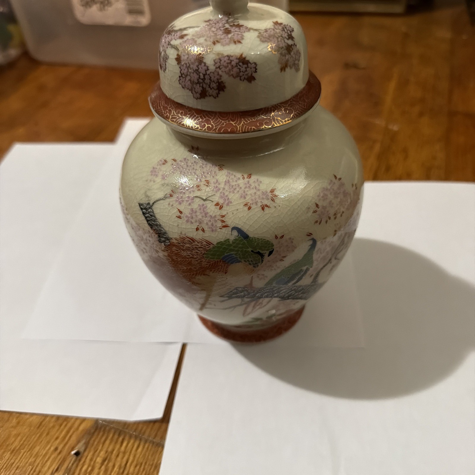 Vintage Japanese Crackled Vase With Birds & Gold Inlays 8 1/4