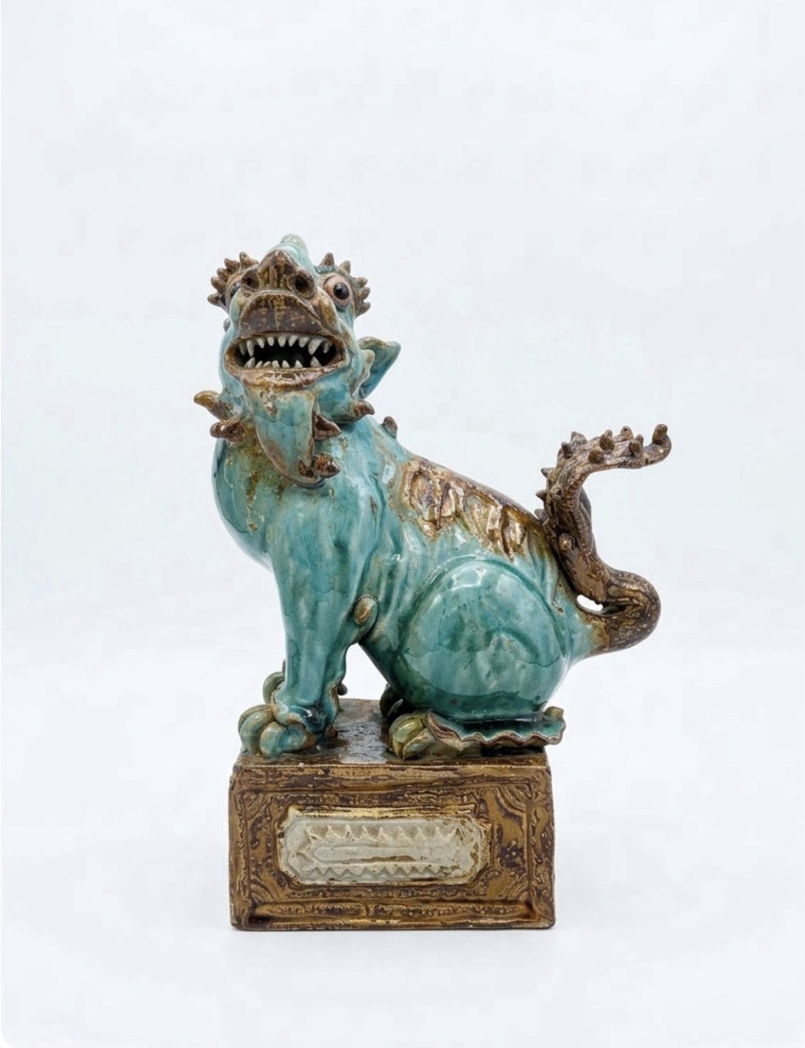 Antique Chinese Shiwan Pottery Foo Dog Turquoise Glaze Guardian Lion Statue