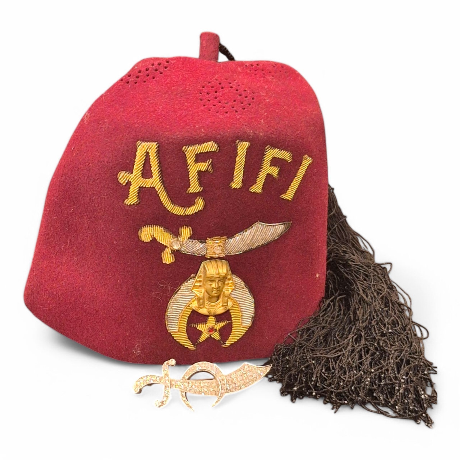 Vtg Afifi RED FEZ HAT Tacoma Washington MASONIC FREEMASONRY SHRINER & Brooch
