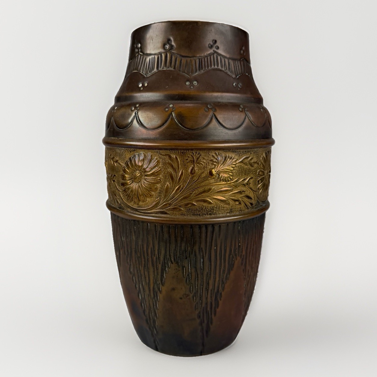 Antique Art Nouveau Tooled Brass Bronze Vase Depose Signed Floral Relief 10\