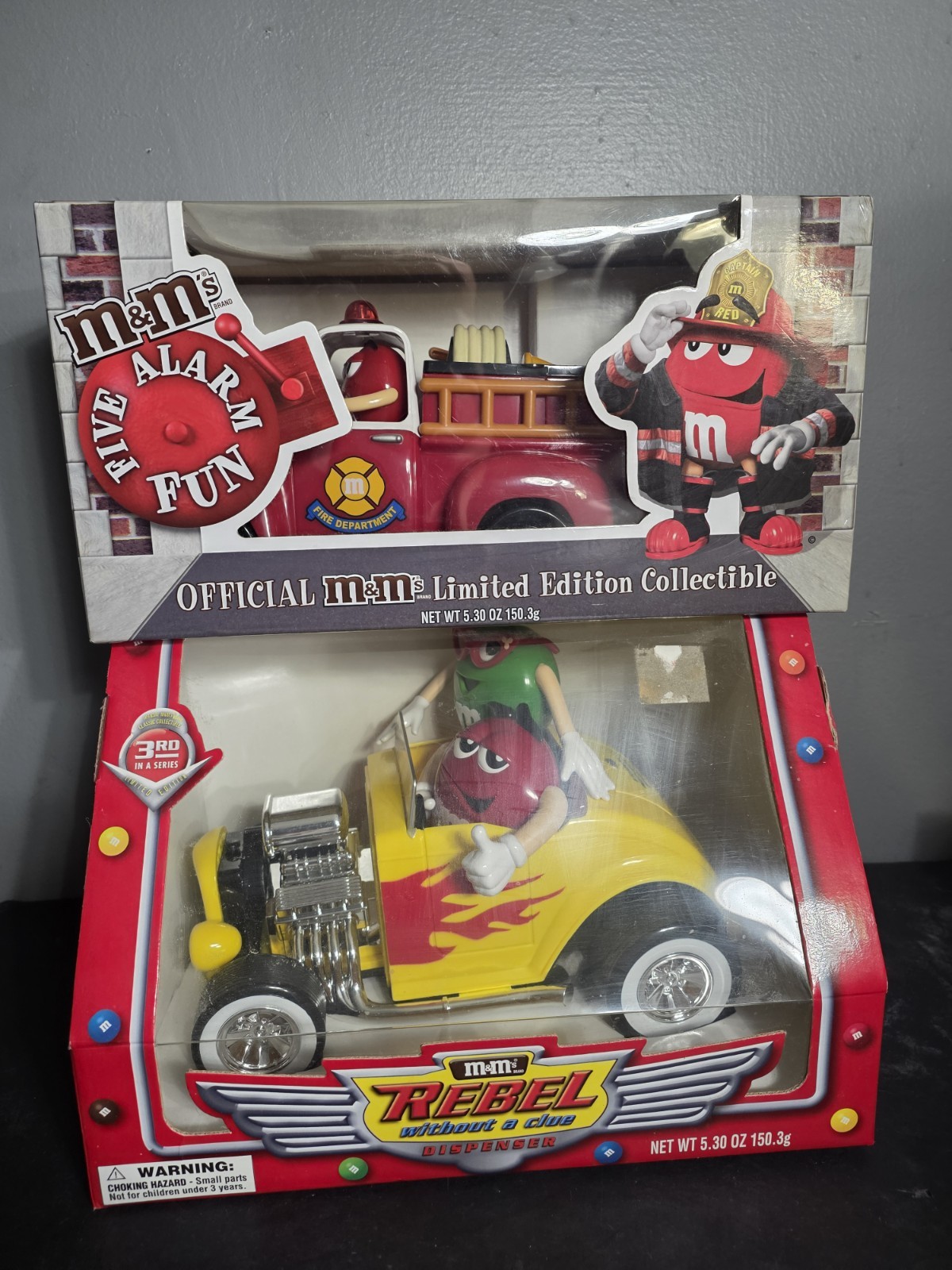 Lot Of 2 M&M\'s Rebel Yellow Hot Rod Car & M&M\'s Five Alarm FUN- NEW OPEN BOX.