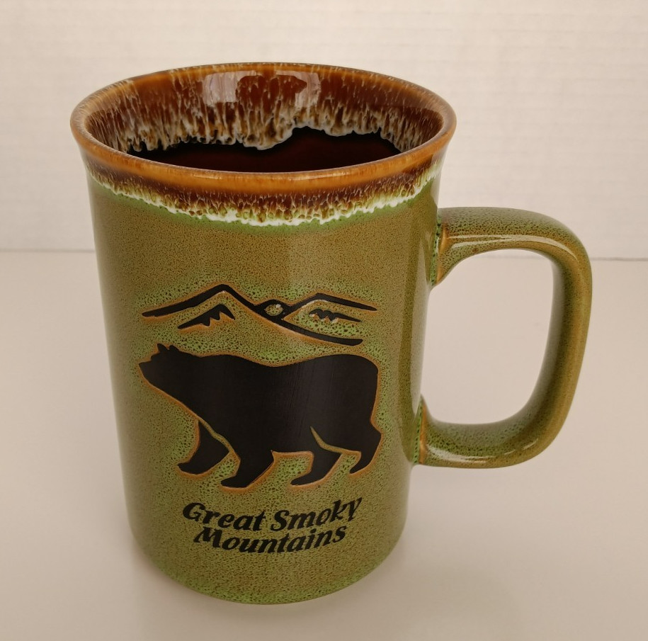 Great Smoky Mountains Coffee Mug Glazed Stoneware Black Bear Green & Brown 16 oz