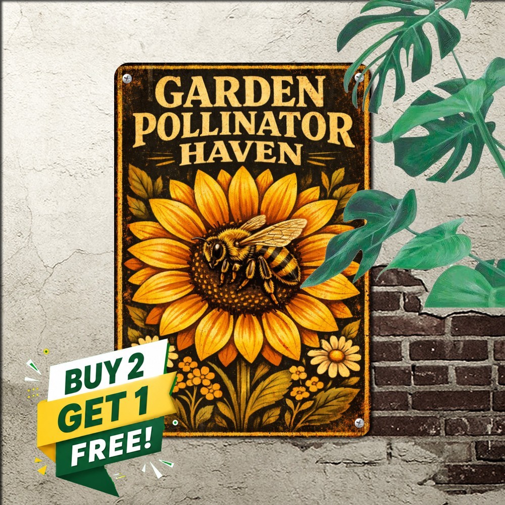 Garden Friendly Wild Bees Sign Retro Botanical Insect Metal Wall Plaque