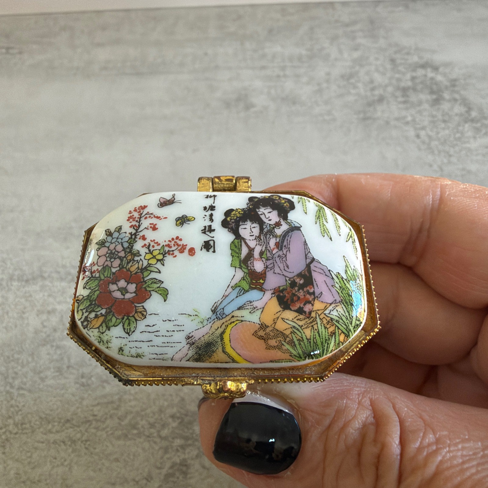 Vintage Asian Porcelain Trinket Box Hand Painted Miniature Pill Box Gold Trim
