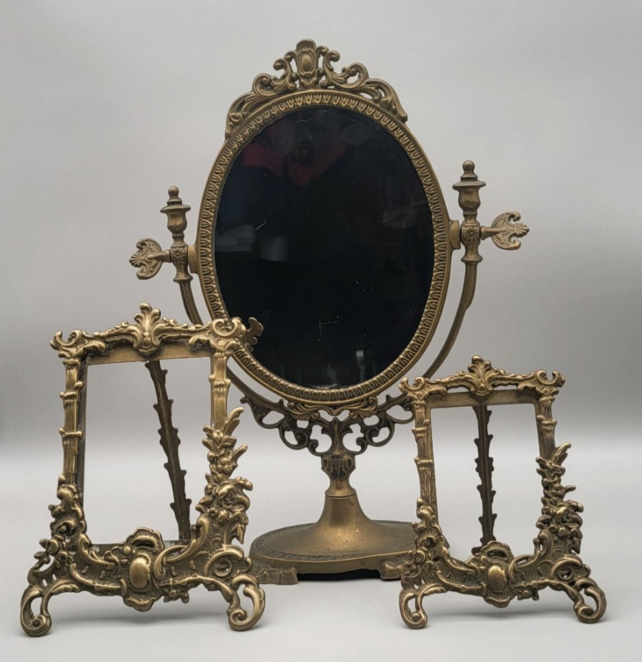 Brass Framed Vanity Mirror & Two Similar Photo Frames