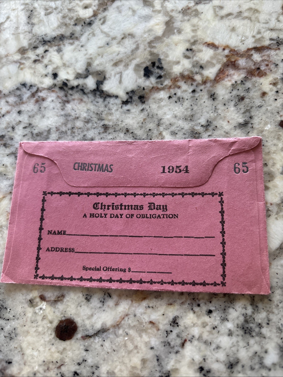 Vintage 1954 Christmas Day “A holy day of obligation” Pink Offering Envelope