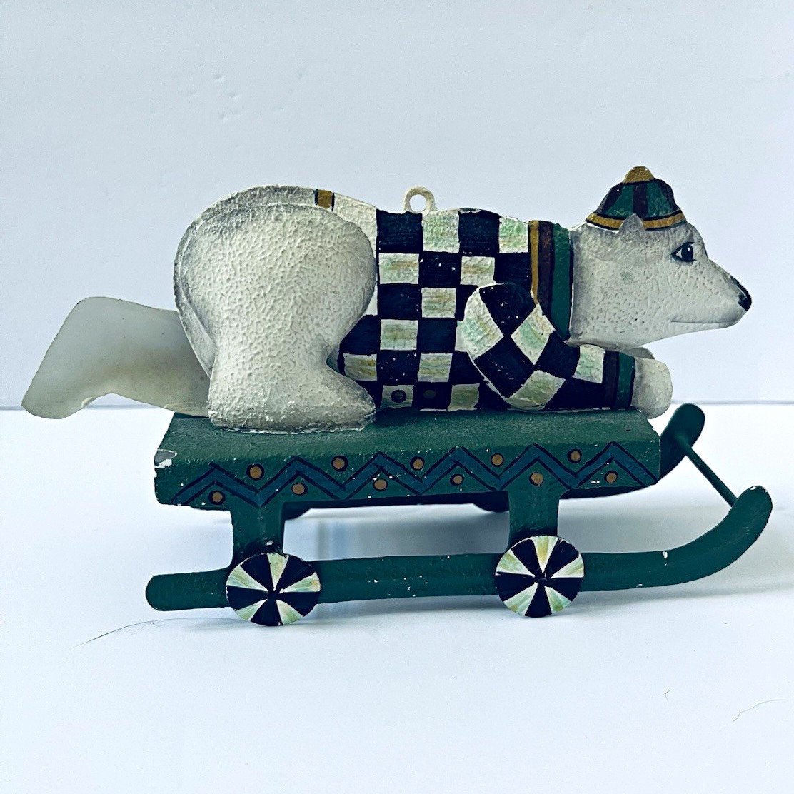 MacKenzie-Childs Polar Bear on Parade Ornament Courtly Check Metal Holiday Rare