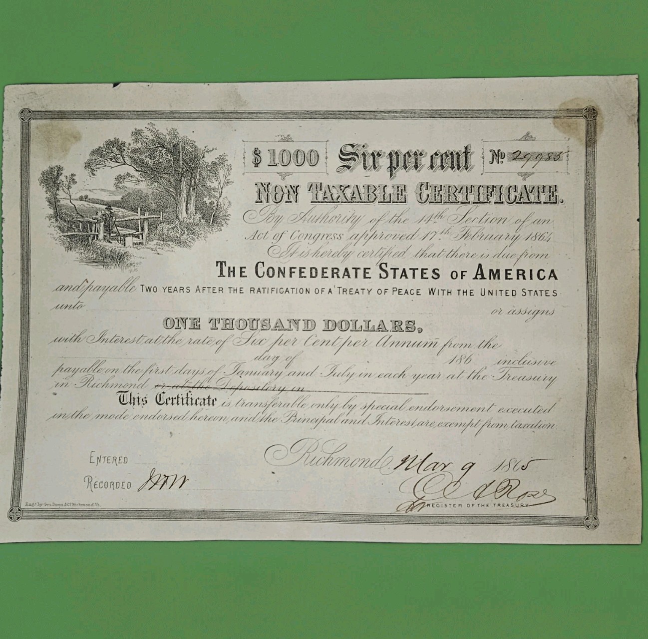Confederate States Of America $1000 Loan Non Taxable Certificate March 9, 1865 