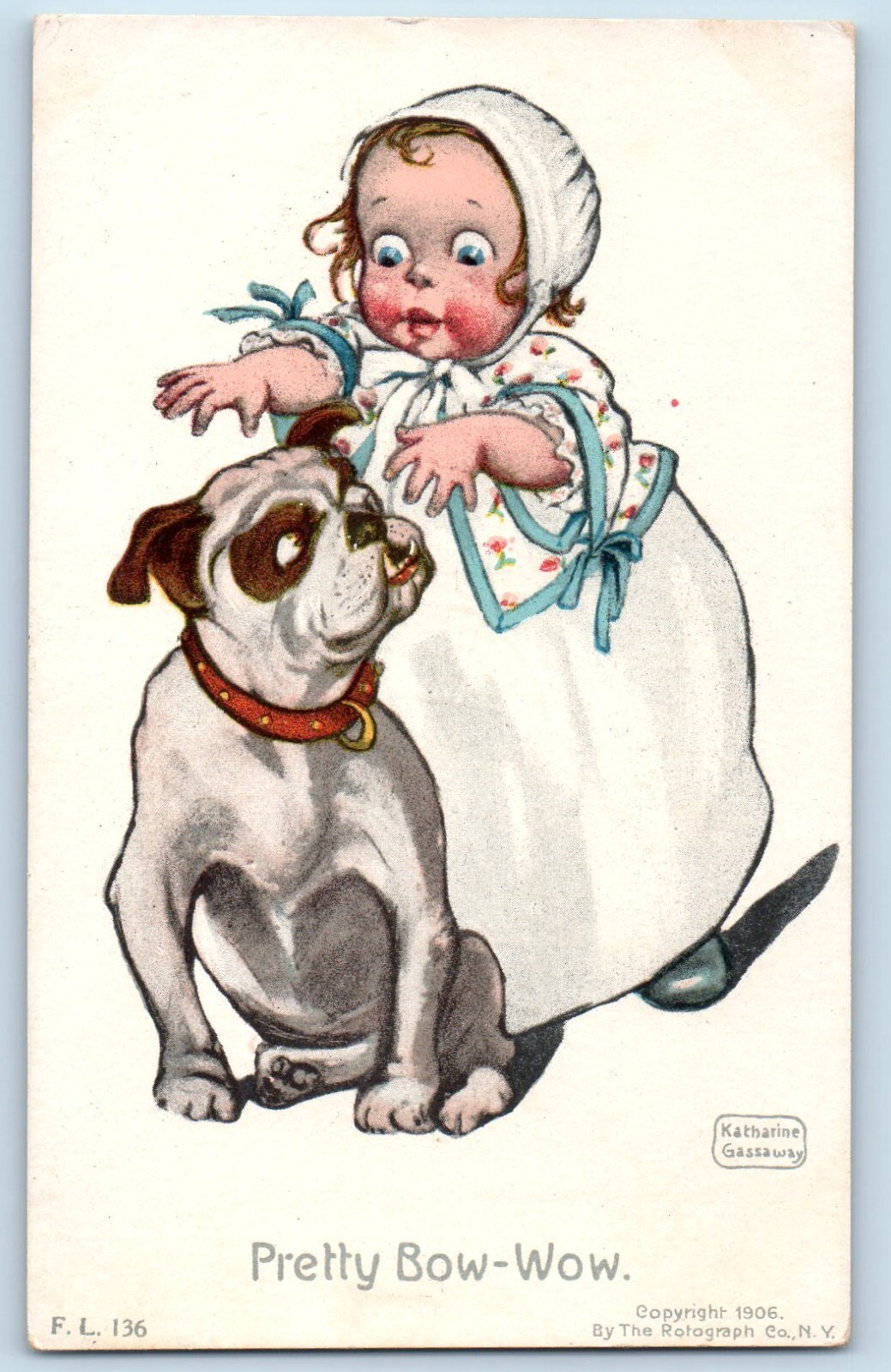 Katharine Gassaway Signed Postcard Little Girl Dog Pretty Bow Wow c1905 Antique